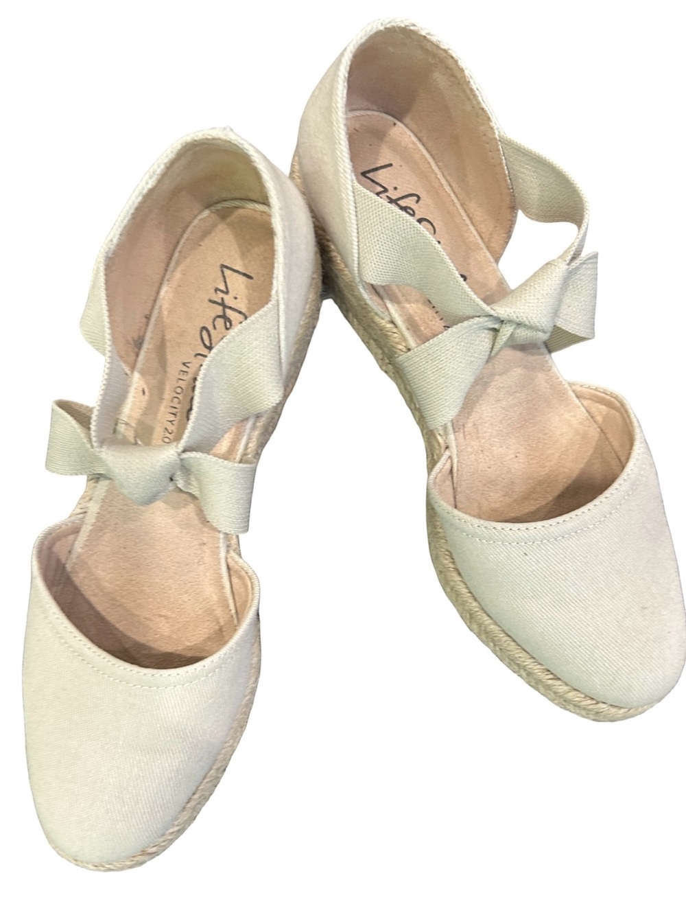 Life Stride Cream Canvas Espadrille Wedges with Bow Ankle Strap